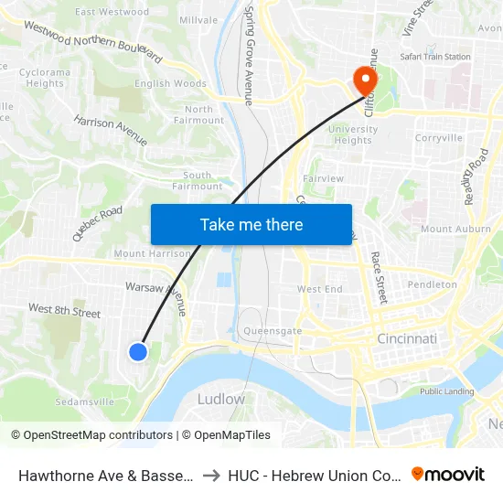 Hawthorne Ave & Bassett Rd to HUC - Hebrew Union College map