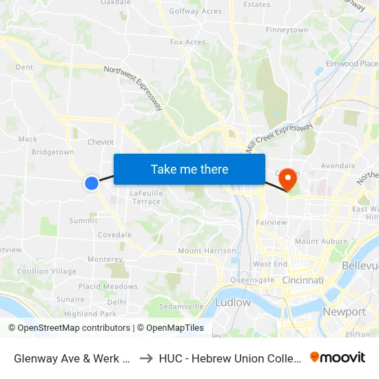 Glenway Ave & Werk Rd to HUC - Hebrew Union College map
