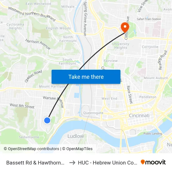 Bassett Rd & Hawthorne Ave to HUC - Hebrew Union College map