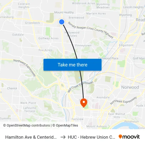 Hamilton Ave & Centeridge Ave to HUC - Hebrew Union College map