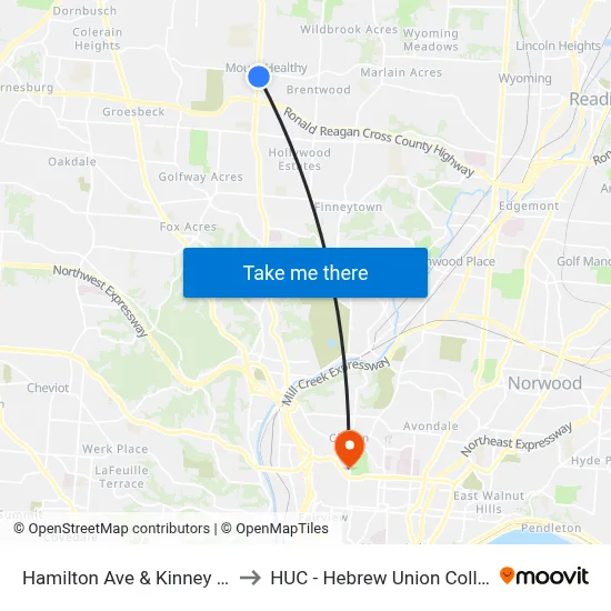 Hamilton Ave & Kinney Ave to HUC - Hebrew Union College map