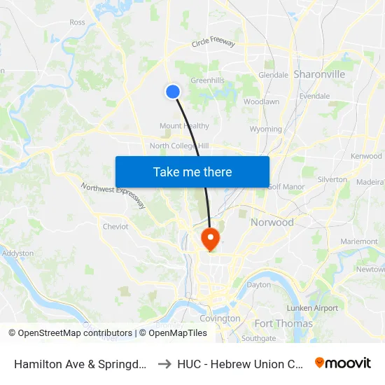 Hamilton Ave & Springdale Rd to HUC - Hebrew Union College map