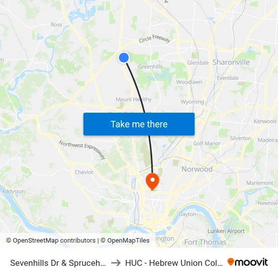 Sevenhills Dr & Sprucehill Dr to HUC - Hebrew Union College map