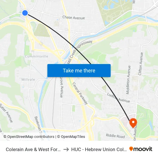 Colerain Ave & West Fork Rd to HUC - Hebrew Union College map