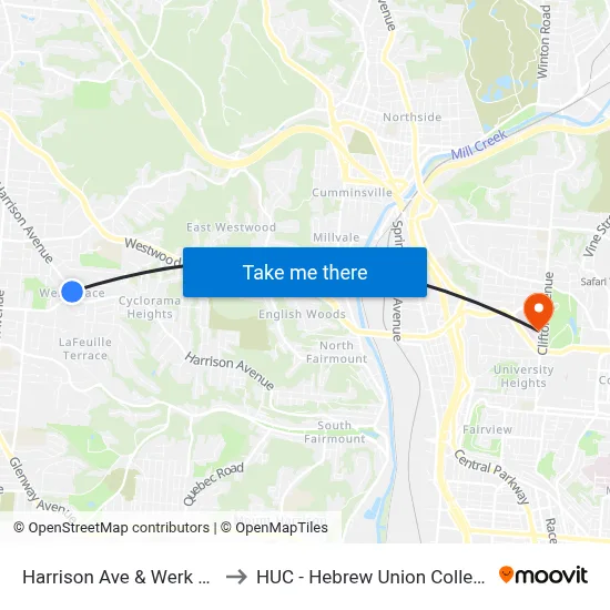 Harrison Ave & Werk Rd to HUC - Hebrew Union College map