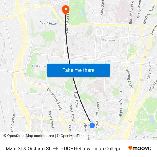 Main St & Orchard St to HUC - Hebrew Union College map