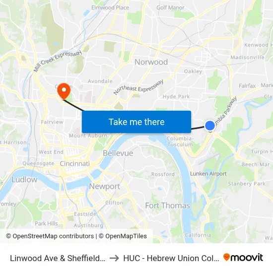 Linwood Ave & Sheffield Ave to HUC - Hebrew Union College map