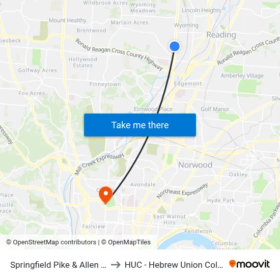 Springfield Pike & Allen Ave to HUC - Hebrew Union College map