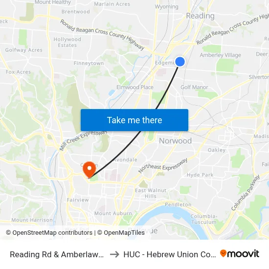 Reading Rd & Amberlawn Ave to HUC - Hebrew Union College map