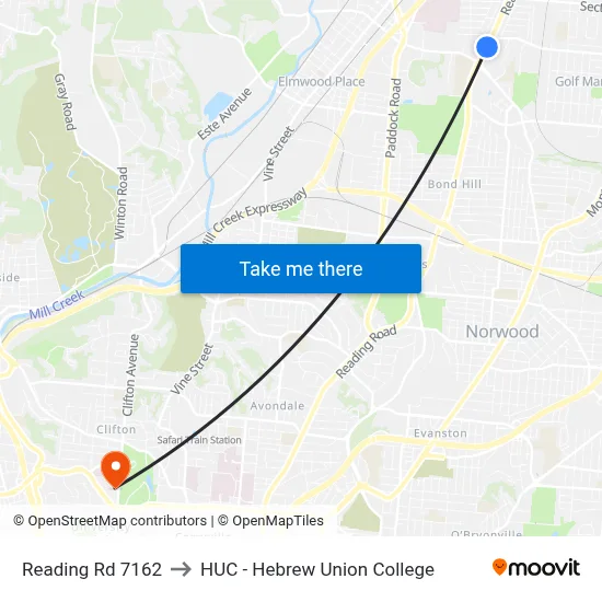 Reading Rd 7162 to HUC - Hebrew Union College map