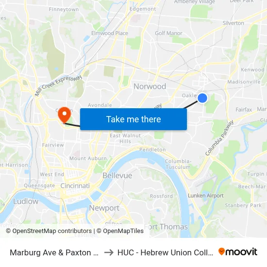 Marburg Ave & Paxton Ave to HUC - Hebrew Union College map