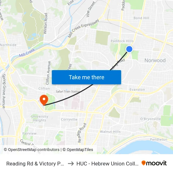Reading Rd & Victory Pkwy to HUC - Hebrew Union College map