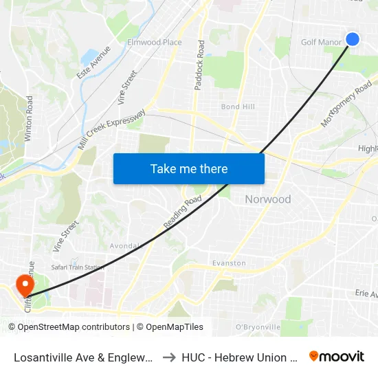 Losantiville Ave & Englewood Ave to HUC - Hebrew Union College map