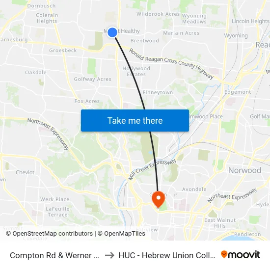 Compton Rd & Werner Ave to HUC - Hebrew Union College map