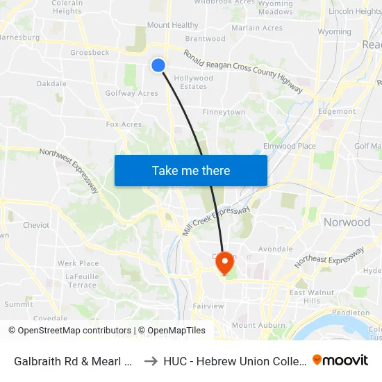 Galbraith Rd & Mearl Ave to HUC - Hebrew Union College map