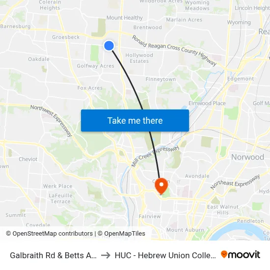 Galbraith Rd & Betts Ave to HUC - Hebrew Union College map