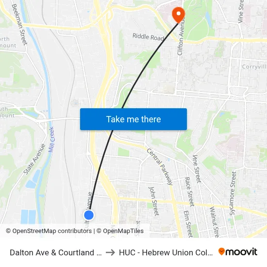 Dalton Ave & Courtland Ave to HUC - Hebrew Union College map
