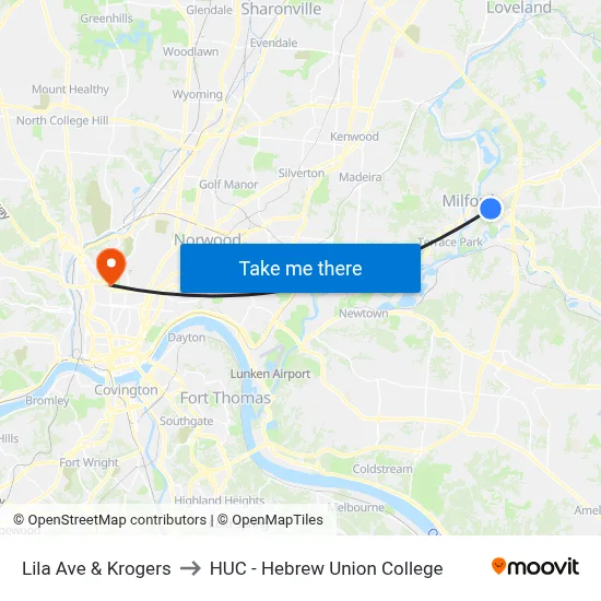 Lila Ave & Krogers to HUC - Hebrew Union College map