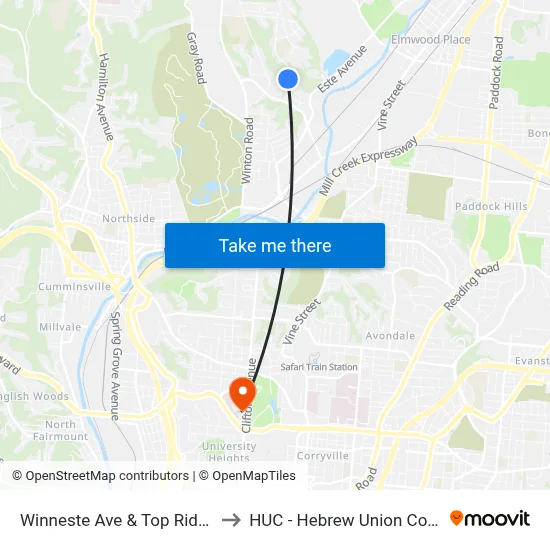 Winneste Ave & Top Ridge Pl to HUC - Hebrew Union College map