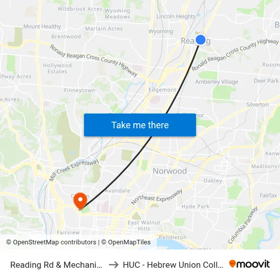 Reading Rd & Mechanic St to HUC - Hebrew Union College map