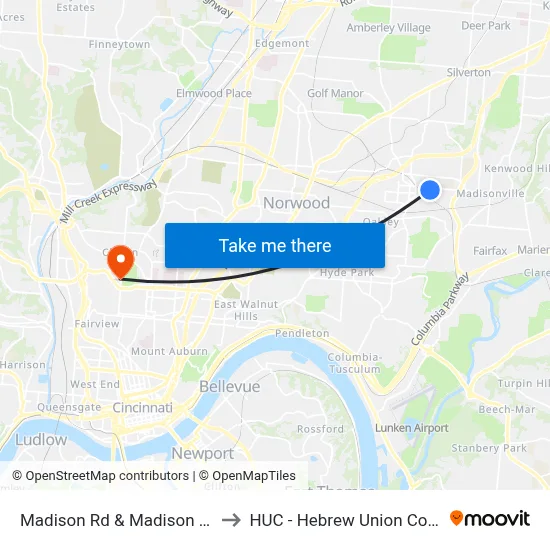 Madison Rd & Madison Bowl to HUC - Hebrew Union College map