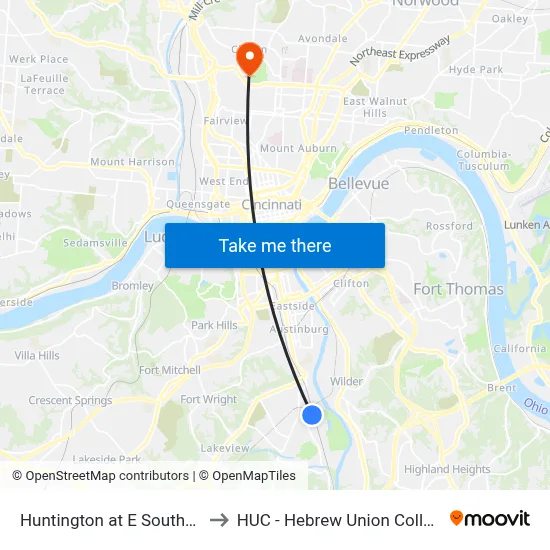 Huntington at E Southern to HUC - Hebrew Union College map