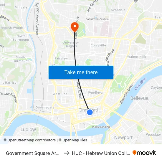 Government Square Area D to HUC - Hebrew Union College map