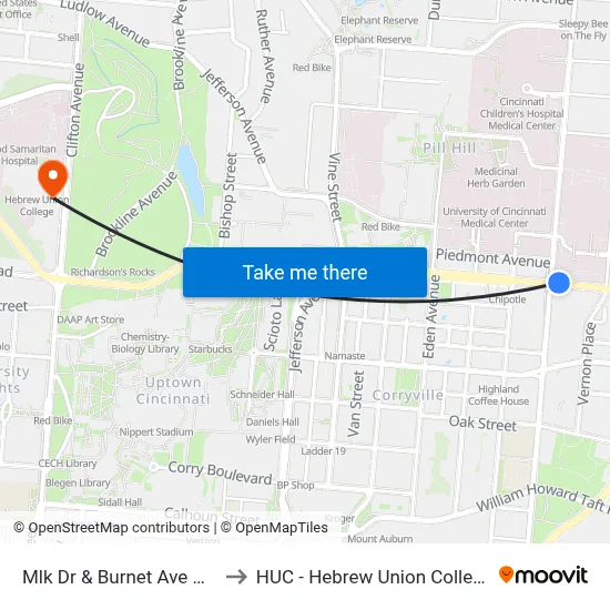 Mlk Dr & Burnet Ave Wb to HUC - Hebrew Union College map