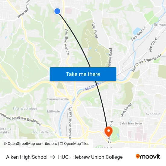 Aiken High School to HUC - Hebrew Union College map