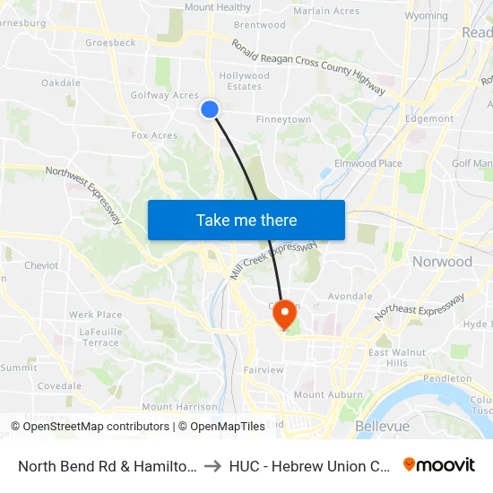 North Bend Rd & Hamilton Ave to HUC - Hebrew Union College map