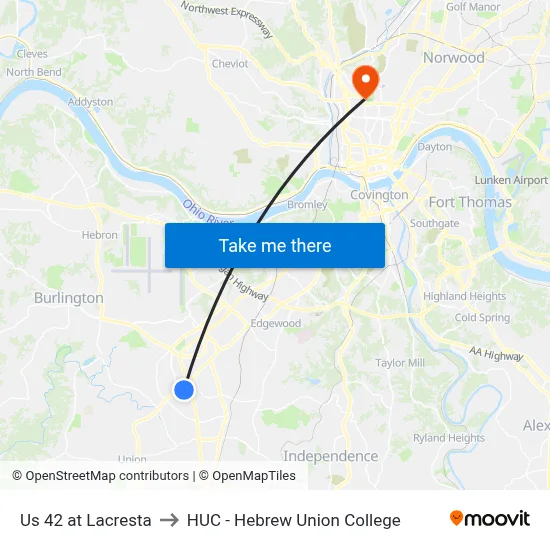 Us 42 at Lacresta to HUC - Hebrew Union College map
