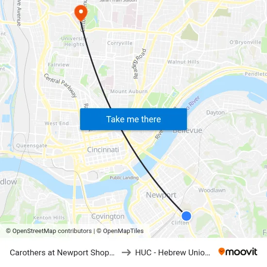 Carothers at Newport Shopping Center to HUC - Hebrew Union College map