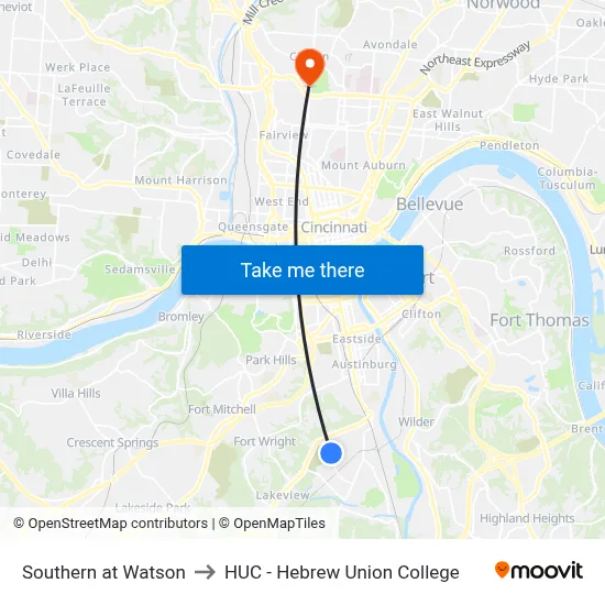 Southern at Watson to HUC - Hebrew Union College map