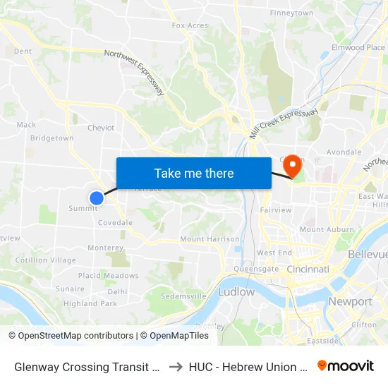 Glenway Crossing Transit Center C to HUC - Hebrew Union College map