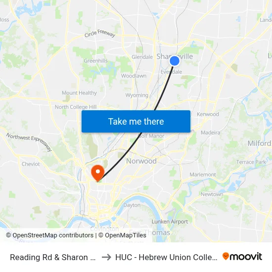 Reading Rd & Sharon Rd to HUC - Hebrew Union College map