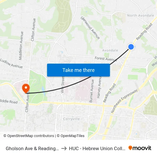 Gholson Ave & Reading Rd to HUC - Hebrew Union College map