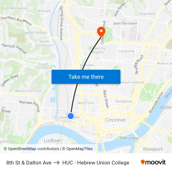 8th St & Dalton Ave to HUC - Hebrew Union College map