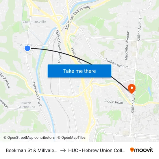 Beekman St & Millvale Ct to HUC - Hebrew Union College map
