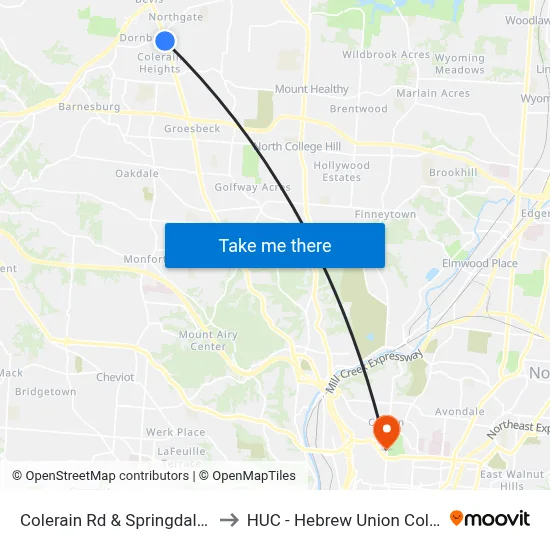 Colerain Rd & Springdale Rd to HUC - Hebrew Union College map