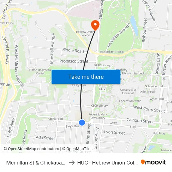 Mcmillan St & Chickasaw St to HUC - Hebrew Union College map