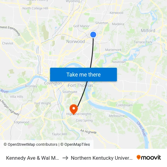 Kennedy Ave & Wal Mark to Northern Kentucky University map