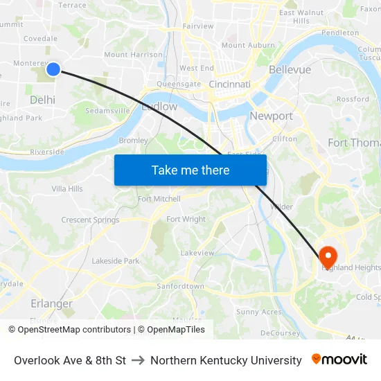Overlook Ave & 8th St to Northern Kentucky University map