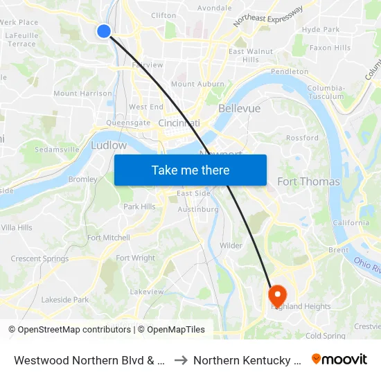 Westwood Northern Blvd & Moosewood to Northern Kentucky University map