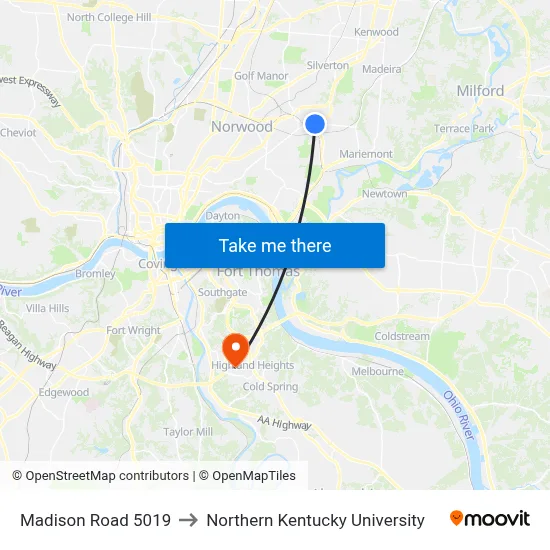 Madison Road 5019 to Northern Kentucky University map
