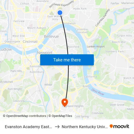 Evanston Academy Eastbound to Northern Kentucky University map