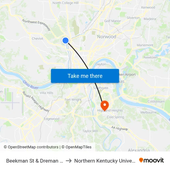 Beekman St & Dreman Ave to Northern Kentucky University map