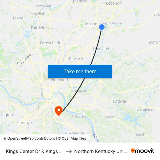 Kings Center Dr & Kings Mill Rd to Northern Kentucky University map