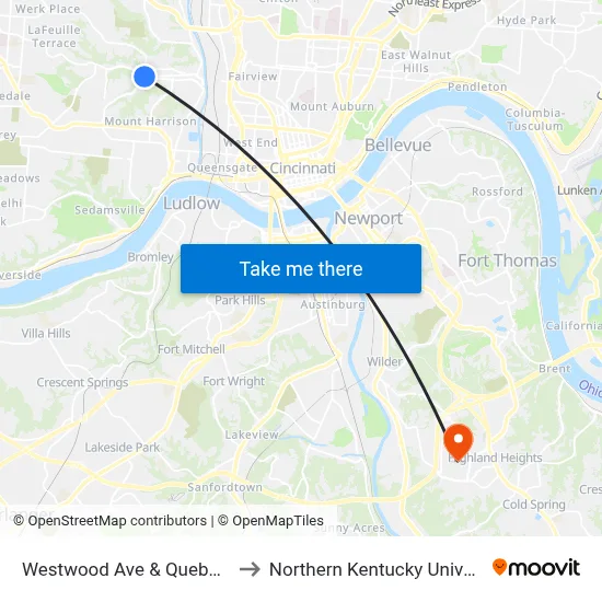 Westwood Ave & Quebec Rd to Northern Kentucky University map