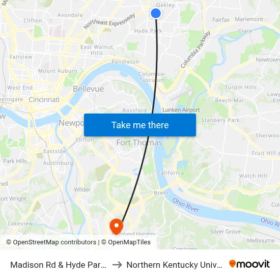 Madison Rd & Hyde Park Ave to Northern Kentucky University map