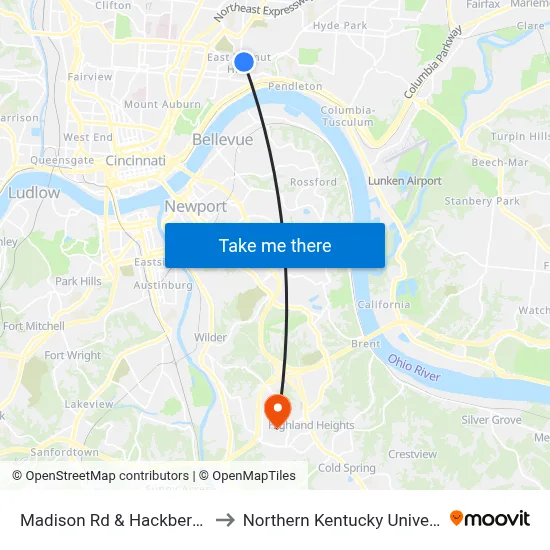 Madison Rd & Hackberry St to Northern Kentucky University map